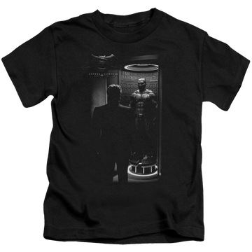 Black kid's t-shirt for ages 4 to 7 with Batman v Superman Suit Up graphic