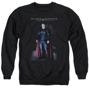 Black men's crewneck sweatshirt with Batman v Superman Stand Tall graphic
