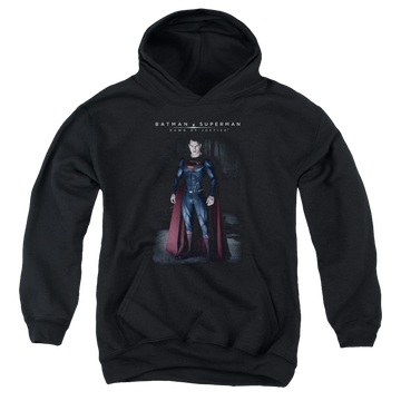Black youth hoodie for ages 8 to 12 with Batman v Superman Stand Tall graphic