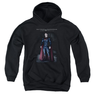 Black youth hoodie for ages 8 to 12 with Batman v Superman Stand Tall graphic