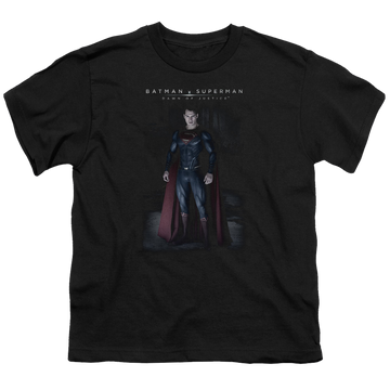 Black youth t-shirt for ages 8 to 12 with Batman v Superman Stand Tall graphic