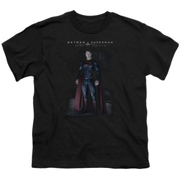 Black youth t-shirt for ages 8 to 12 with Batman v Superman Stand Tall graphic