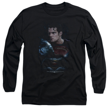 Black men's long sleeve t-shirt with Batman v Superman Super Angry graphic