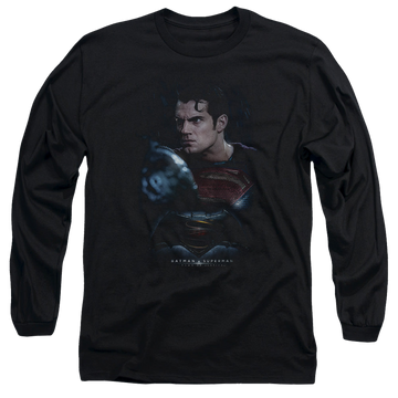 Black men's long sleeve t-shirt with Batman v Superman Super Angry graphic