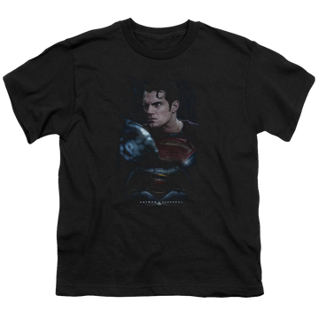 Black youth t-shirt for ages 8 to 12 with Batman v Superman Super Angry graphic
