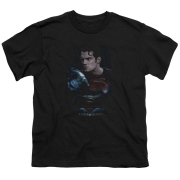 Black youth t-shirt for ages 8 to 12 with Batman v Superman Super Angry graphic