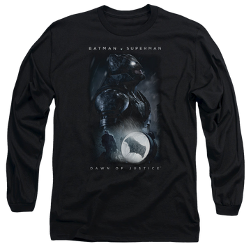 Black men's long sleeve t-shirt with Batman v Superman Signal graphic