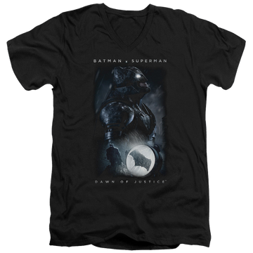 Black men's v-neck t-shirt with Batman v Superman Signal graphic