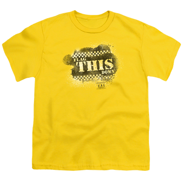 Yellow youth t-shirt for ages 8 to 12 with Taxi Flag This graphic