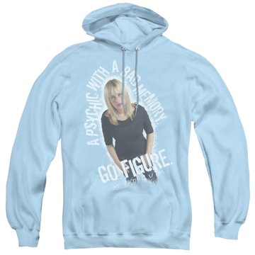 Light blue pullover hoodie with Medium Go Figure graphic