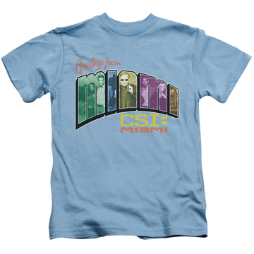 Carolina blue kid's t-shirt for ages 4 to 7 with CSI Miami Greeting From Miami graphic