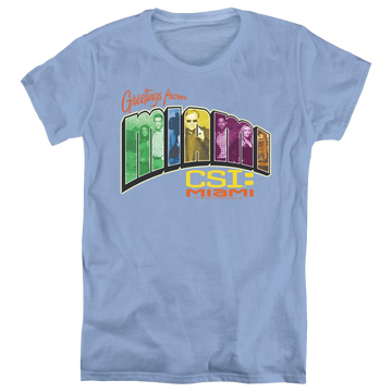 Carolina blue women's t-shirt with CSI Miami Greeting From Miami graphic