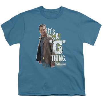 Slate youth t-shirt for ages 8 to 12 with NCIS Los Angeles G Thing graphic