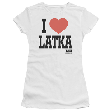 White juniors t-shirt with Taxi I Heart Latka graphic