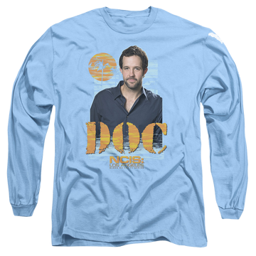 Carolina blue men's long sleeve t-shirt with NCIS Los Angeles Doc graphic