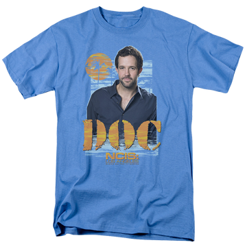 Carolina blue men's regular fit t-shirt with NCIS Los Angeles Doc graphic