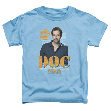 Carolina blue kid's t-shirt for ages 4 to 7 with NCIS Los Angeles Doc graphic