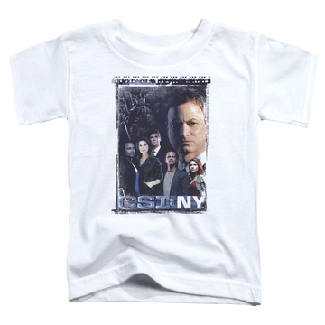 White toddler t-shirt with CSI New York Watchful Eye graphic