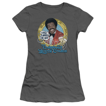 Charcoal juniors t-shirt with The Love Boat Original Booze Cruise graphic