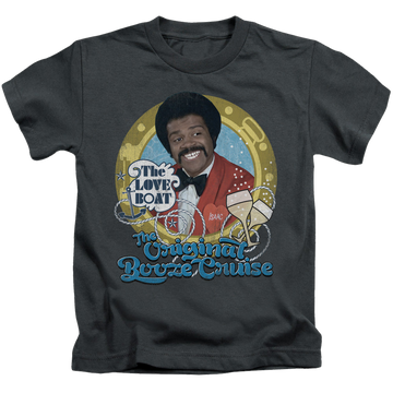 Charcoal kid's t-shirt for ages 4 to 7 with The Love Boat Original Booze Cruise graphic