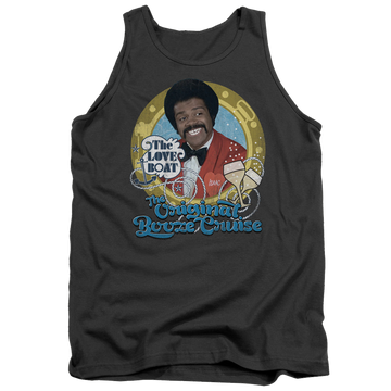 Charcoal men's tank with The Love Boat Original Booze Cruise graphic