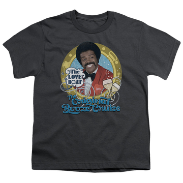 Charcoal youth t-shirt for ages 8 to 12 with The Love Boat Original Booze Cruise graphic