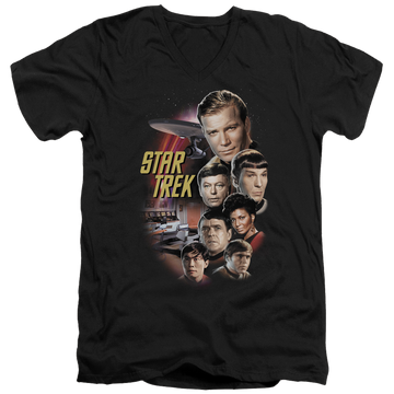 Black men's v-neck t-shirt with Star Trek The Classic Crew graphic