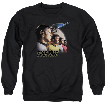 Black men's crewneck sweatshirt with Star Trek Forward To Adventure graphic