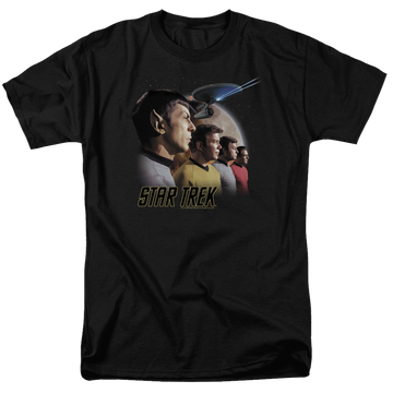 Black men's regular fit t-shirt with Star Trek Forward To Adventure graphic