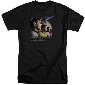 Black men's tall fit t-shirt with Star Trek Forward To Adventure graphic