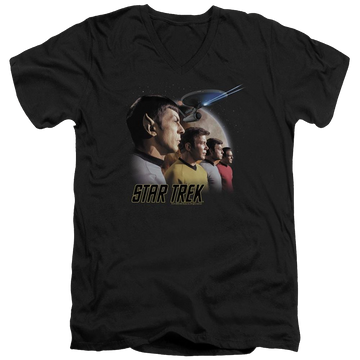 Black men's v-neck t-shirt with Star Trek Forward To Adventure graphic