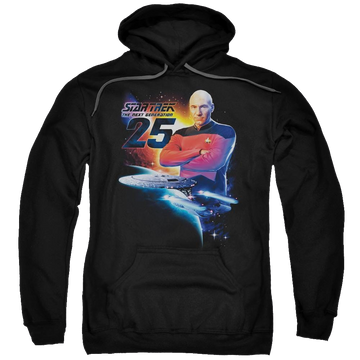 Black pullover hoodie with Star Trek Tng 25 graphic