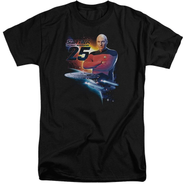 Black men's tall fit t-shirt with Star Trek Tng 25 graphic