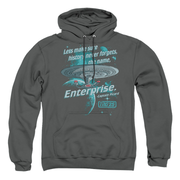 Charcoal pullover hoodie with Star Trek Never Forget graphic