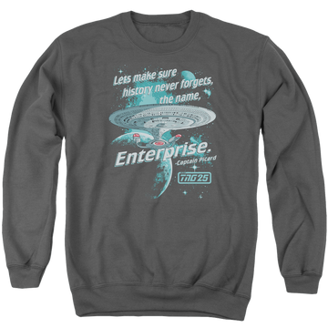 Charcoal men's crewneck sweatshirt with Star Trek Never Forget graphic