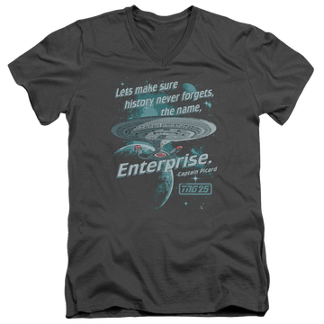 Charcoal men's v-neck t-shirt with Star Trek Never Forget graphic