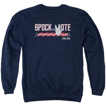 Navy men's crewneck sweatshirt with Star Trek Spock The Vote graphic