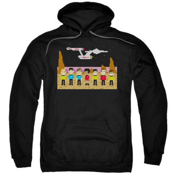 Black pullover hoodie with Star Trek Tos Trexel Crew graphic