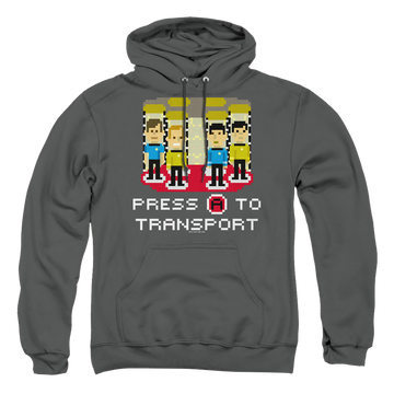 Charcoal pullover hoodie with Star Trek Press A To Transport graphic