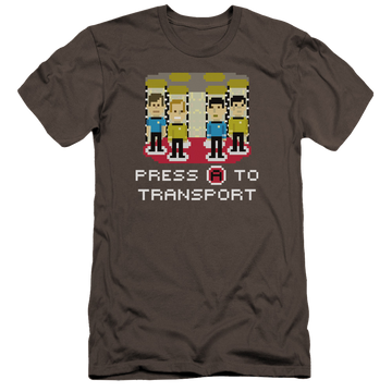 Charcoal men's premium slim fit t-shirt with Star Trek Press A To Transport graphic