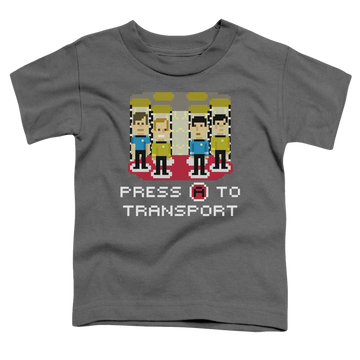 Charcoal toddler t-shirt with Star Trek Press A To Transport graphic