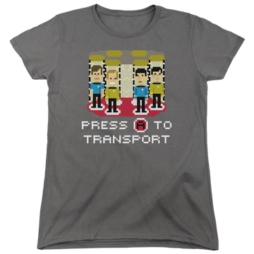 Charcoal women's t-shirt with Star Trek Press A To Transport graphic