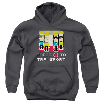 Charcoal youth hoodie for ages 8 to 12 with Star Trek The Original Series Press A To Transport graphic