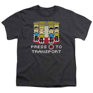 Charcoal youth t-shirt for ages 8 to 12 with Star Trek The Original Series Press A To Transport graphic