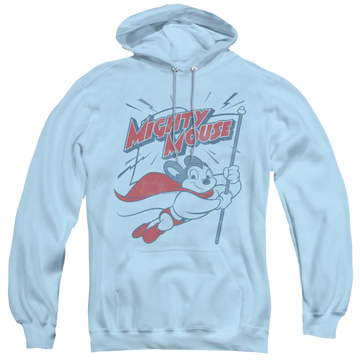 Light blue pullover hoodie with Mighty Mouse Mighty Flag graphic