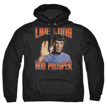 Black pullover hoodie with Star Trek Live Long And Prosper graphic