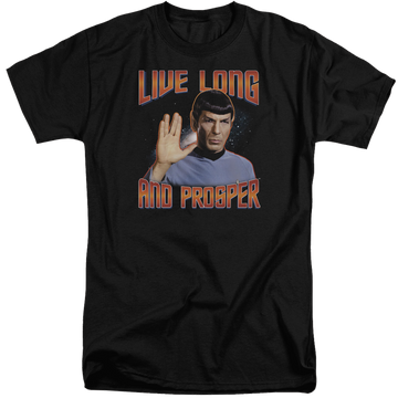 Black men's tall fit t-shirt with Star Trek Live Long And Prosper graphic