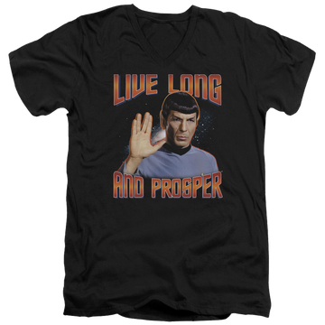 Black men's v-neck t-shirt with Star Trek Live Long And Prosper graphic