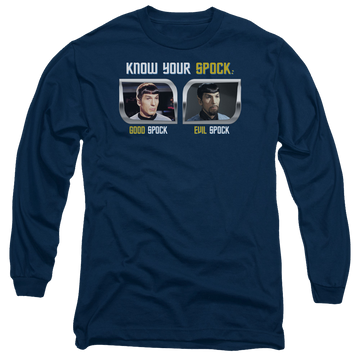 Navy men's long sleeve t-shirt with Star Trek Know Your Spock graphic