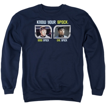 Navy men's crewneck sweatshirt with Star Trek Know Your Spock graphic